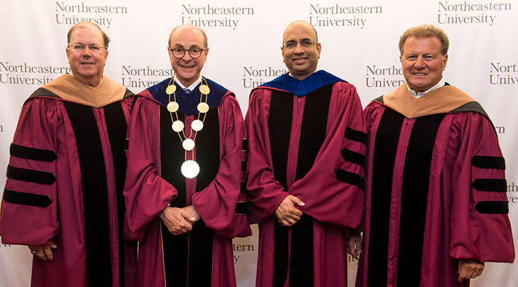 Trustee Alan McKim, Northeastern President Joseph E. Aoun, Dunton Family Dean Raj Echambadi, and Trustee Richard D'Amore.