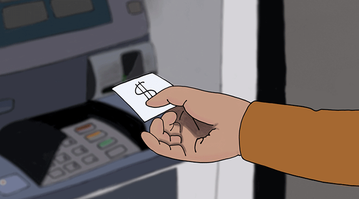hand holding a receipt in front of an atm