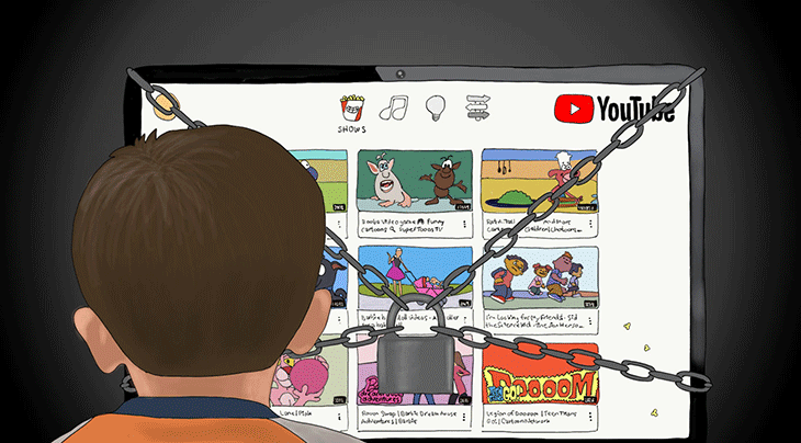cartoon kid watching youtube TV with chains across the screen