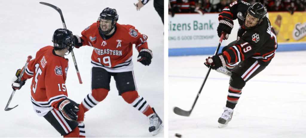 photos of Wade MacLeod playing hockey during his time as a Husky in the 2011 Beanpot tournament