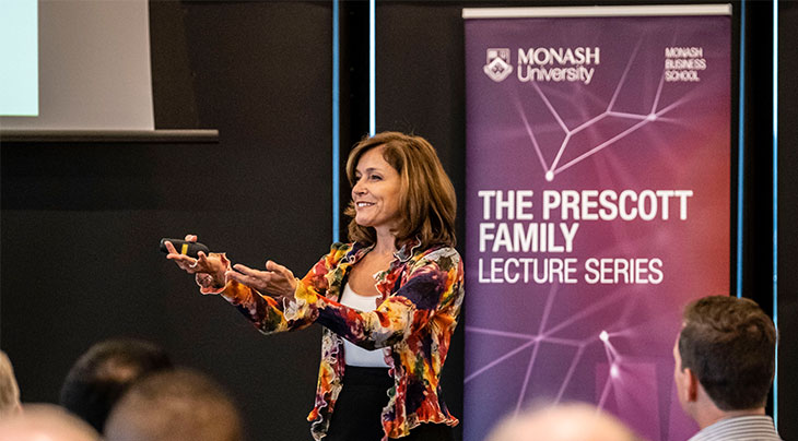 Professor Paula Caligiuri gives the keynote speech at the 2020 Prescott Family Foundation Lecture Series at Monash University on March 4, 2020.