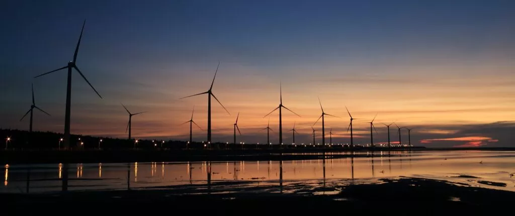 windmills at sunset