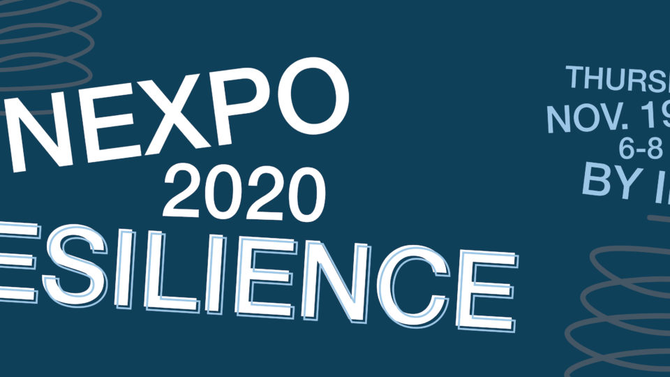 Banner reading NEXPO 2020 RESILIENCE, one a blue background with the date Thursday Nov. 19