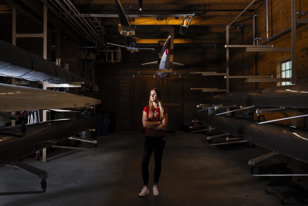 09/19/18 - BOSTON, MA. - Madison Mailey, DMSB'19, and medal winner at the 2018 World Rowing Championships in Bulgaria poses for a portrait at Northeastern University's Henderson Boathouse on September 19, 2018. Photo by Adam Glanzman/Northeastern University