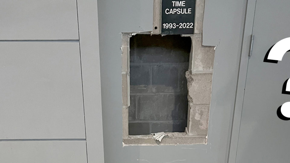 A hole in the wall in Dodge Hall where the time capsule was