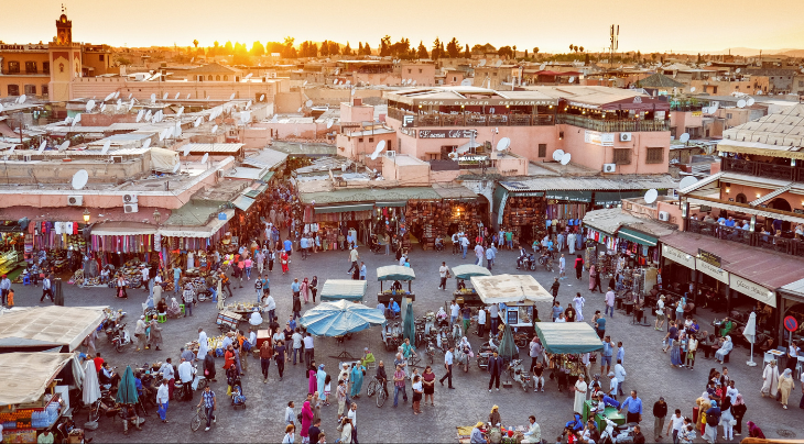 Marrakech biggest market in Morocco. Jama el Fna traditional market and Marrakech city symbol