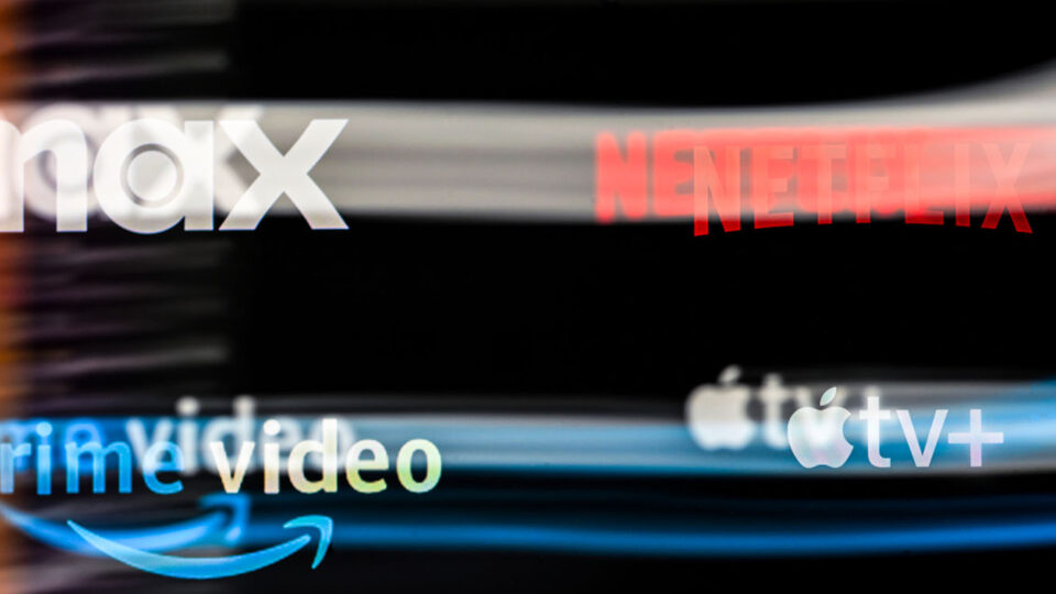 logos of max, Netflix, prime video, and Apple TV+ against a black background