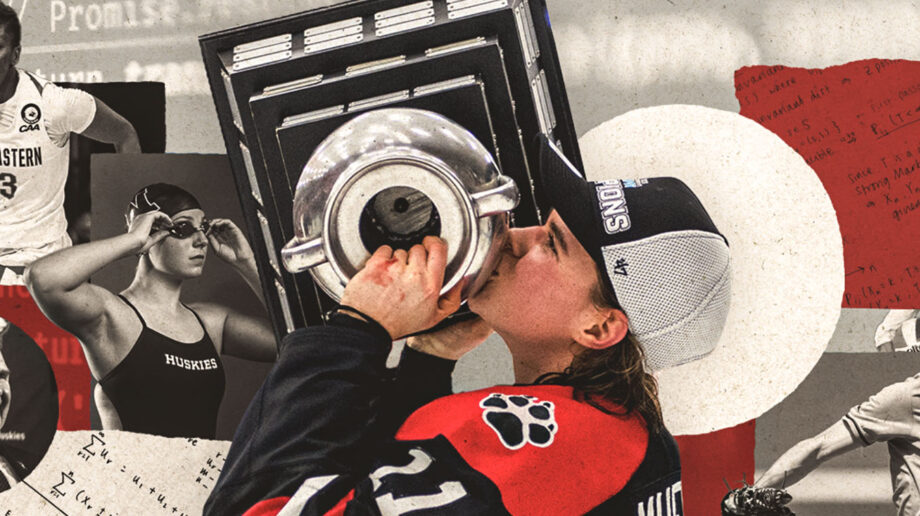 women's hockey player holds Beanpot trophy aloft set against a collage of other Northeastern athlete's images.
