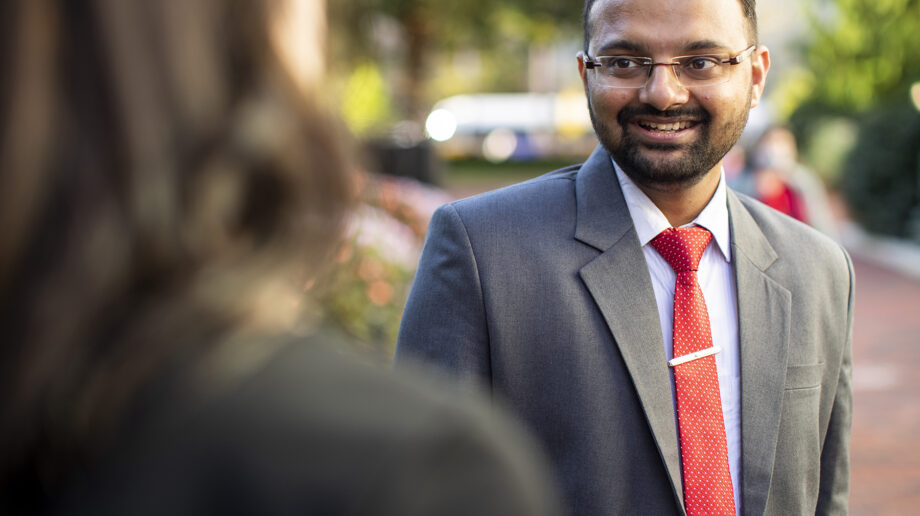 Two business people talking