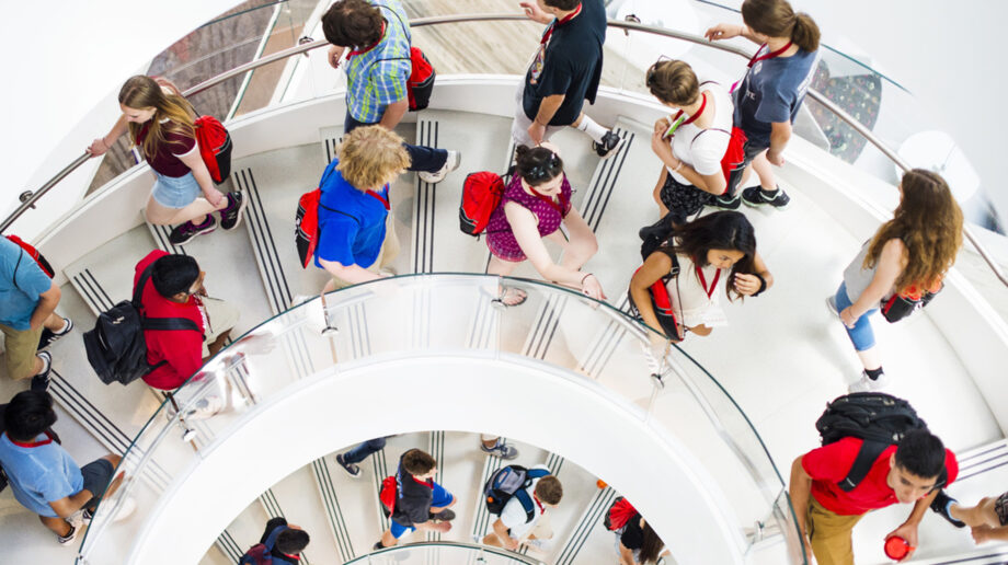 Students walking up and down stairs